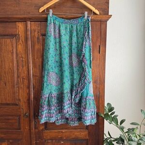 Anthropologie Allegra Wrap Maxi Skirt Blue Motif Boho Ruffle Hem